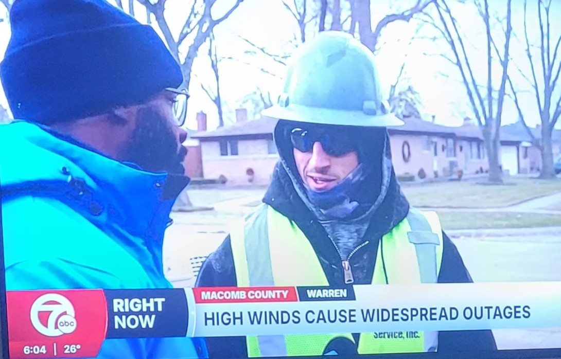 Mike Laasko from Owen Tree Service gives interview in Warren after ice storm